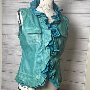 Montana Co Teal Ruffled Faux Leather Vest Size Medium